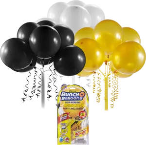 Celebration Balloons Black White Gold PNG Image