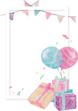 Celebratory Polaroid Framewith Giftsand Balloons PNG Image