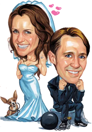 Celebrity Couple Caricaturewith Pet PNG Image