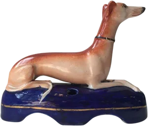 Ceramic Greyhound Figurineon Blue Base PNG Image