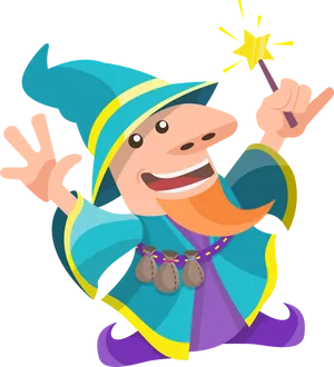 Cheerful Cartoon Wizard Casting Spell PNG Image