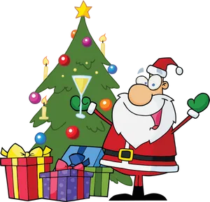 Cheerful Santa Claus Christmas Tree Presents PNG Image