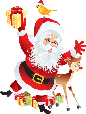 Cheerful Santa Clauswith Giftsand Reindeer PNG Image