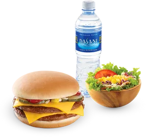 Cheeseburger Meal Combo Water Bottle Salad PNG Image