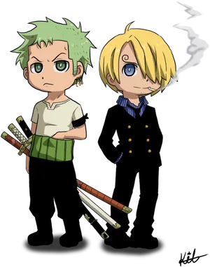 Chibi_ Anime_ Characters_ Smoking_and_ Swords PNG Image