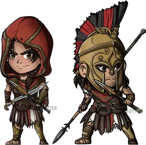 Chibi_ Assassin_and_ Aztec_ Warrior_ Illustration PNG Image