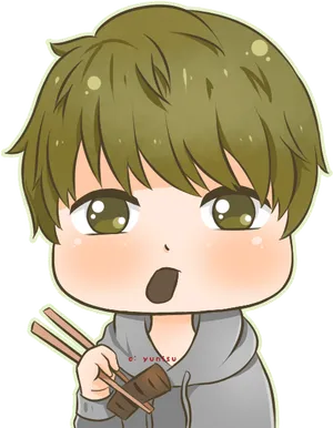 Chibi Character Eating Noodles PNG Image