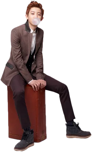 Chic Man Seatedwith Bubblegum PNG Image