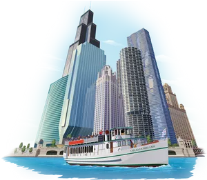 Chicago Skyscrapersand Tour Boat Illustration PNG Image