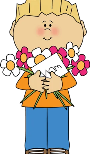 Child Holding Flowers For Mom PNG Image