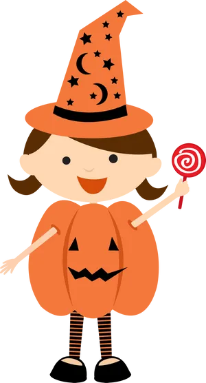 Childin Pumpkin Costumewith Lollipop.png PNG Image