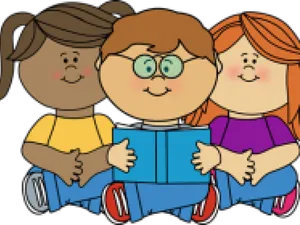 Children Reading Together Cartoon PNG Image