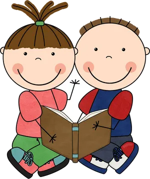 Children Reading Together Cartoon PNG