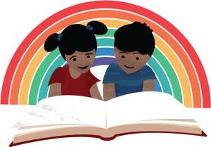 Children Reading Under Rainbow PNG Image