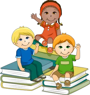 Children Sittingon Stackof Books PNG Image