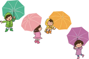 Children With Umbrellas Cartoon PNG Image