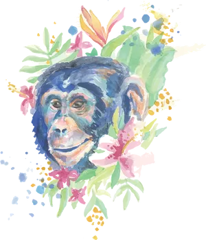 Chimpanzee Portrait Floral Artwork PNG Image