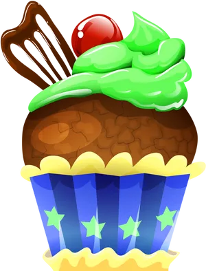 Chocolate Cupcakewith Green Frostingand Cherry PNG Image