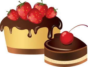 Chocolate Strawberryand Cherry Cakes Illustration PNG