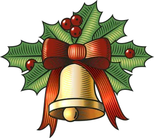 Christmas Bellwith Hollyand Red Ribbon PNG Image