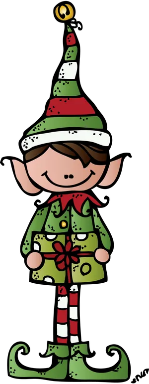 Christmas Elf Cartoon Holding Gift PNG Image