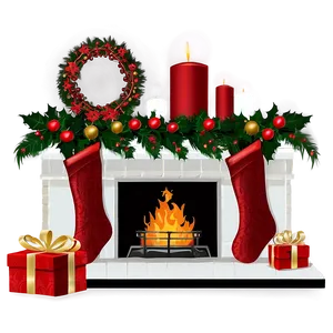 Christmas Fireplace With Poinsettias Png Iww91 PNG Image