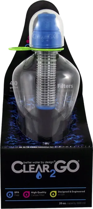 Clear2 Go Water Bottlewith Filter Packaging PNG Image