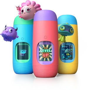 Colorful Animated Character Water Bottles PNG Image