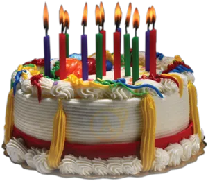 Colorful Birthday Cakewith Lit Candles PNG