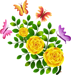 Colorful Butterfliesand Yellow Roses PNG Image