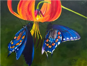 Colorful Butterflieson Flower Painting PNG Image