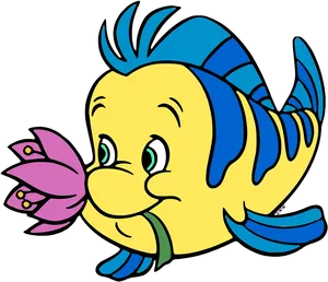 Colorful Cartoon Fish Smelling Flower PNG Image