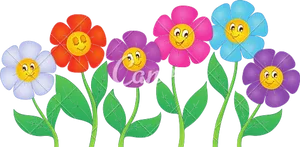 Colorful Cartoon Flowers With Faces PNG Image