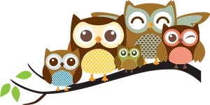 Colorful Cartoon Owls Branch PNG Image