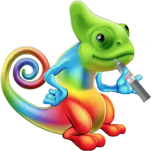 Colorful Chameleon Cartoon Holding Syringe PNG Image