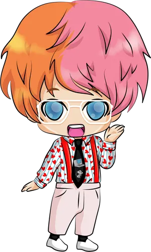 Colorful Chibi Characterwith Glassesand Hearts Jacket PNG Image