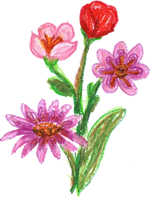 Colorful Crayon Flowers Artwork PNG Image