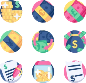 Colorful Currency Icons Set PNG Image