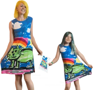 Colorful Dresses Mother Daughter Team PNG Image