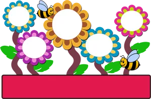 Colorful Flowersand Bees Graphic PNG Image