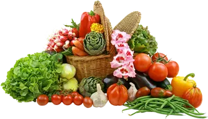 Colorful Fresh Vegetablesand Flowers Basket PNG Image