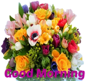 Colorful Good Morning Floral Greeting PNG Image