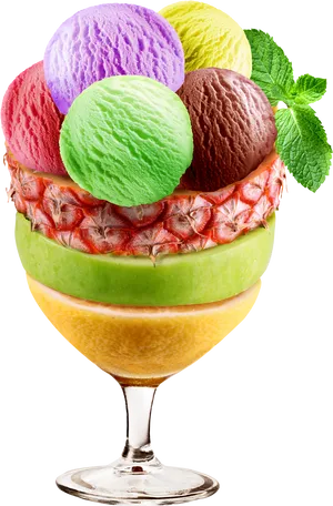 Colorful Ice Cream Scoopsin Fruit Cup PNG Image