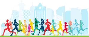 Colorful Marathon Runners Qatar Skyline PNG Image