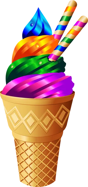 Colorful Rainbow Ice Cream Cone PNG Image