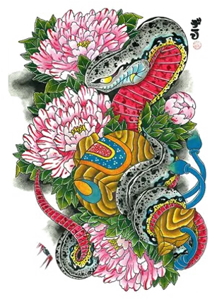 Colorful Snakeand Flowers Artwork PNG Image