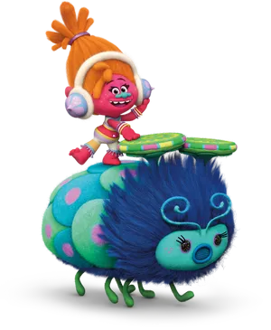 Colorful Troll Character Riding Caterpillar PNG Image