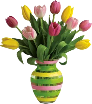 Colorful Tulipsin Striped Vase PNG Image