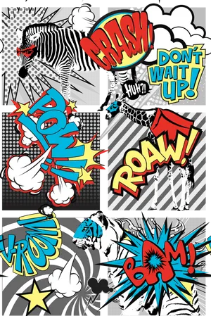 Comic Style Animal Onomatopoeia Collage PNG Image