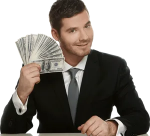 Confident Businessman Holding Money PNG Image